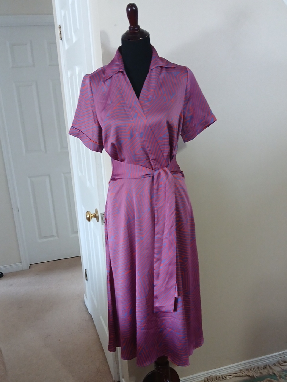 Tahari Pink and Purple Wrap Midi Dress with Tie Waist